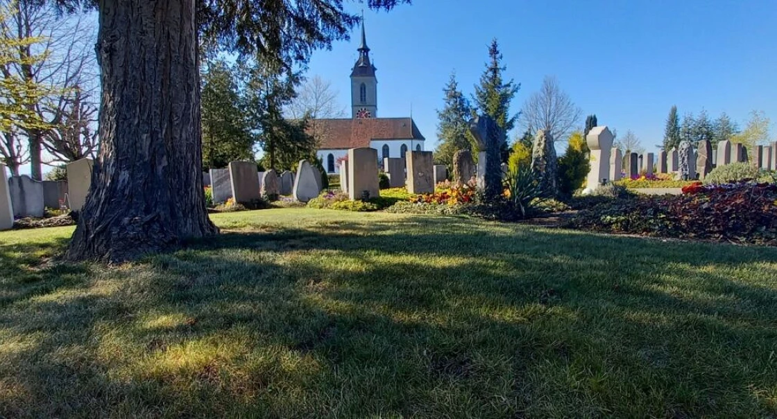 Kirche vom Friedhof aus breit Frühling mj